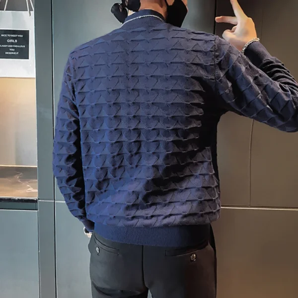 Young men can stay warm in the fall and winter with this half-high collar pullover sweater with a solid color geometric pattern. - Image 3