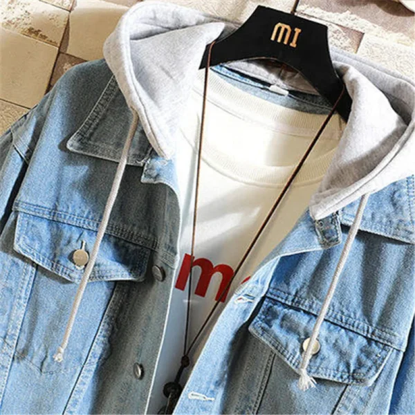 Men's Hooded Casual Denim Jacket Streetwear Solid Color Denim Jackets with a Turn-down Collar Men's Jacktite Hat Detachable - Image 5