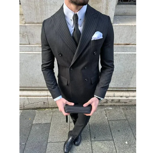 Men's Chic Business Samrt Casual Two-Piece Jacket, Slim Fit Blazer, Black Striped Double Breasted Peak Lapel Falt Front - Image 2