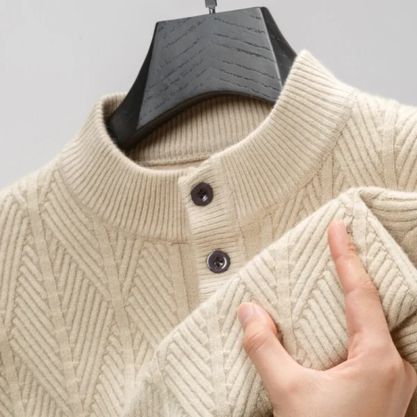 Business Casual Slim-Fitting Textured Sweater with Button Collar, Men's Half-High Collar Knitted Pullover, Thick Warm - Image 2