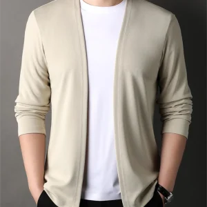 Men's autumn long-sleeved cardigan in a light tone, with a V-neck, buttonless jacket, and casual sweater for everyday use. Stretchable