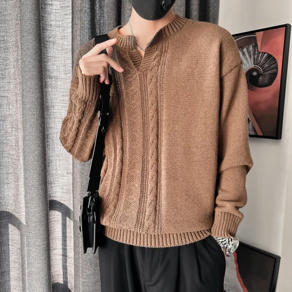 Base Layer Sweater, Men's Warm Knit Pullover, Solid Color, V-neck Style, Half-twisted Design, White. - Image 3