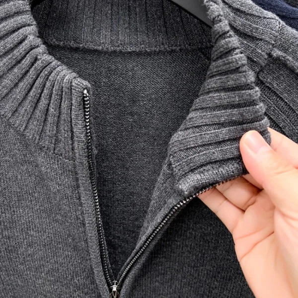 A premium men's half-high collar, solid-colored, slim-fitting, zip-up cardigan that is warm and versatile for everyday use.Blend of Wool - Image 5