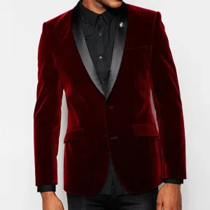 Elegant Men's Single-Breastered Black Shawl Lapel Slim-Fit Blazer Formal Wedding Groom One-Piece Jacket Set in Burgundy Velvet