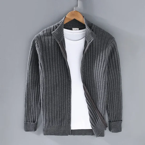 Men's Stretchy Daily Striped Sweater with Solid Color Stand Collar Zip-up Cardigan for Fall and Winter.All-cotton - Image 2