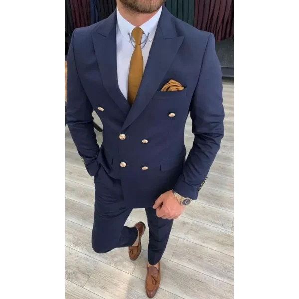 Men's Slim Fit Two-Piece Jacket and Pants, Peak Lapel Double Breasted Navy Blue, Casual Evening Party, Premium Full Set Blazer - Image 2