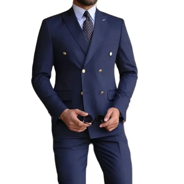 Professional Double-breasted Men's Navy Blue Suit with Peak Lapel Regular Length Flat Front Office Male Apparel Stylish Two-Piece Jacket Pants
