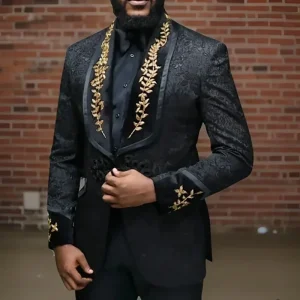 Stylish Men's Formal Black Blazer Suits One-piece luxury male clothing jacket costume made of jacquard fabric with a lapel and a single breast.