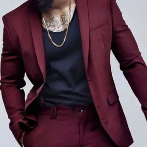 Full Set of Formal Skinny Outfits for a Luxurious Wedding for Men in Burgundy Single-Breastered, Notch Lapel Slim Fit Suits Blazer Groom Costume for Men
