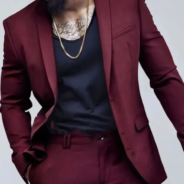Full Set of Formal Skinny Outfits for a Luxurious Wedding for Men in Burgundy Single-Breastered, Notch Lapel Slim Fit Suits Blazer Groom Costume for Men