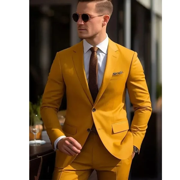 Elegant Men's Formal Slim Fit Full Set Jacket Pants and Jackets in Yellow Single Breasted Notch Lapel Blazer Luxury - Image 2