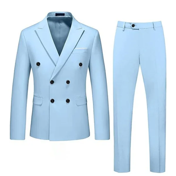 Men's double-breasted suits with a peak lapel, sky blue flat front, regular length, two-piece jacket, and pants set for prom parties