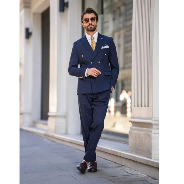 Double-breasted, navy-blue, peak-lapel, regular-length, British-style two-piece jacket and pants outfits for men - Image 4