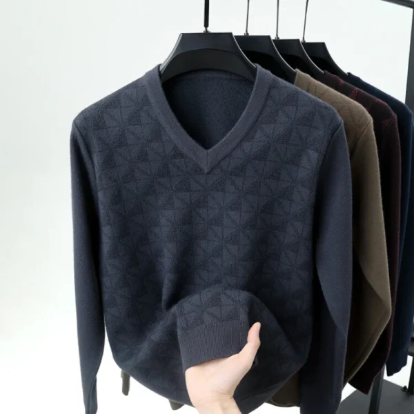 Men's Fashion Business Casual T-shirt, New Winter V-neck Sweater Knitwear, Full Body Jacquard Thickened - Image 2