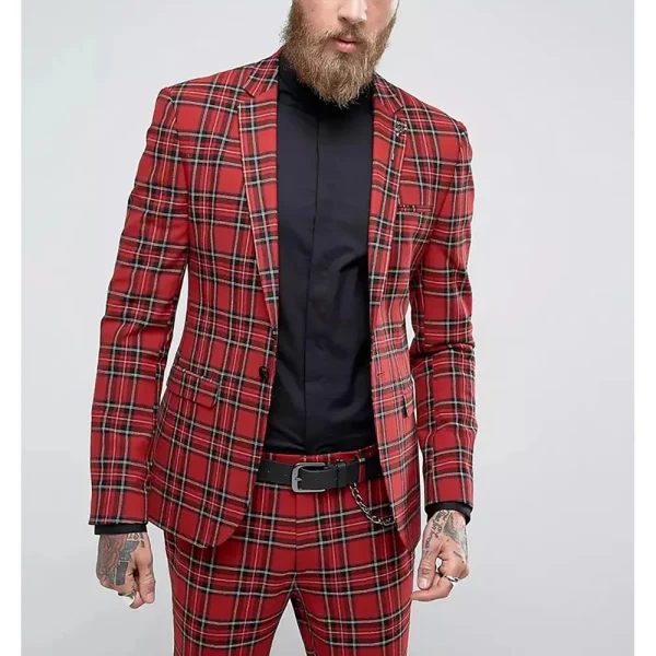 Premium Men's Slim Fit Costume Homme Classic Plaid Two-Piece Jacket, Blazer, Single Breast Notch Lapel - Image 3