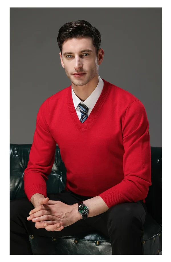 Warm Men's V-neck Solid Color Sweater, New Stretch Top for Autumn and Winter, Pullover Knitwear for Daily Leisure, Business - Image 4