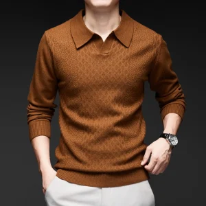 Excellent Men's Solid Color V-neck Long Sleeve Warm Sweater for Business Casual, 2024 Daily Adaptable Polo Shirt