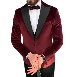 Male Formal Party Clothes One Button Velvet Slim Fit Burgundy Peak Lapel Men's Suits One Piece Blazer Slim Fit Elegant Jacket