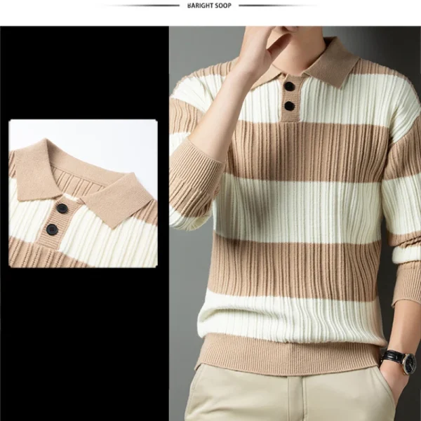 Luxury Polo Shirt Men's Top Loose Knitwear Men's Pullover Sweater Fashion Thick Warm Sweater Striped Casual T-shirt - Image 3