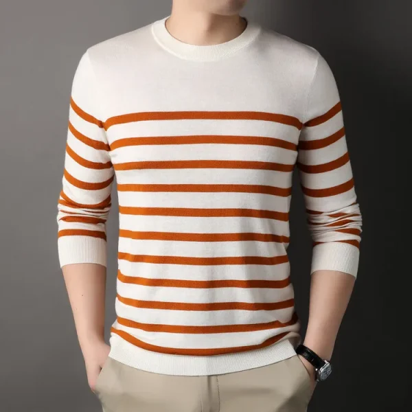 Superior Business Casual Knitted Sweater with Stripes at the O-neck. Youth Cozy Warm Sweater for Autumn.Stretchable - Image 21