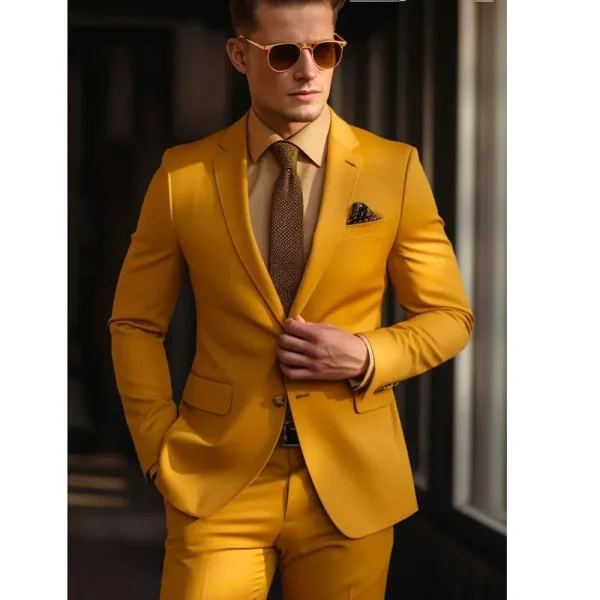 Elegant Men's Formal Slim Fit Full Set Jacket Pants and Jackets in Yellow Single Breasted Notch Lapel Blazer Luxury - Image 3