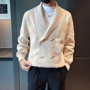 Men's Warm Knitted Sweater with V-neck, Double-breasted Solid Color, Perfect for Autumn and Winter.Cardigans for Men