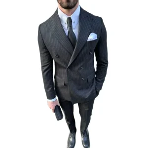 Men's Chic Business Samrt Casual Two-Piece Jacket, Slim Fit Blazer, Black Striped Double Breasted Peak Lapel Falt Front