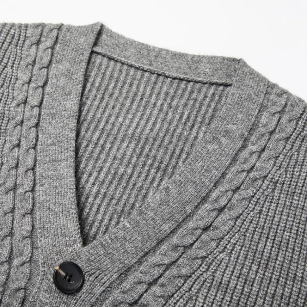 Men's solid-colored, V-necked, single-breasted, slim, stretchable, long-sleeved sweater with vertical stripes for fall daily warmth. - Image 3