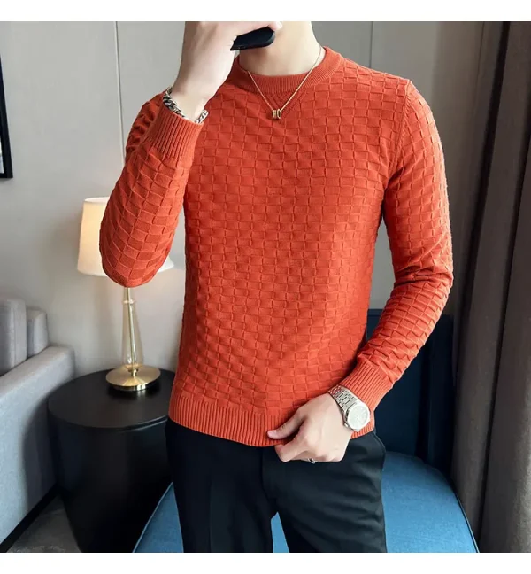 Warm and Stretchy Men's O-Neck Sweater with Jacquard Plaid Pullover Knit, Daily Slim Fit Base Shirt - Image 8