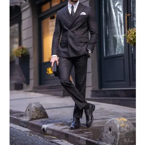 Men's Chic Business Samrt Casual Two-Piece Jacket, Slim Fit Blazer, Black Striped Double Breasted Peak Lapel Falt Front - Image 4