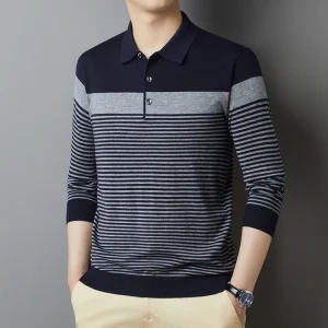 Men's Stretchy Long-Sleeved, Warm, Commuter Polo Shirt with Stripes for Fall and Winter, Slim Fit Base
