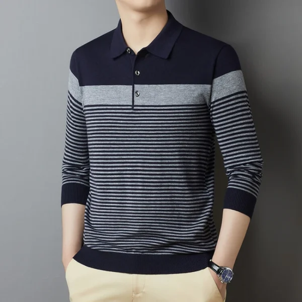 Men's Stretchy Long-Sleeved, Warm, Commuter Polo Shirt with Stripes for Fall and Winter, Slim Fit Base