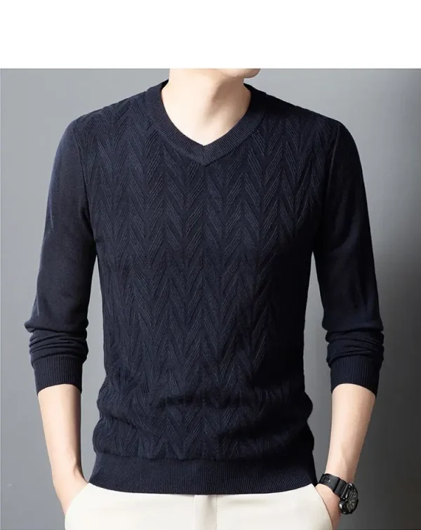 Superior quality V-neck pullover knitted sweater, daily slim-fit base shirt, thickened and warm men's sweater.Shirt with Dark Stripes - Image 8