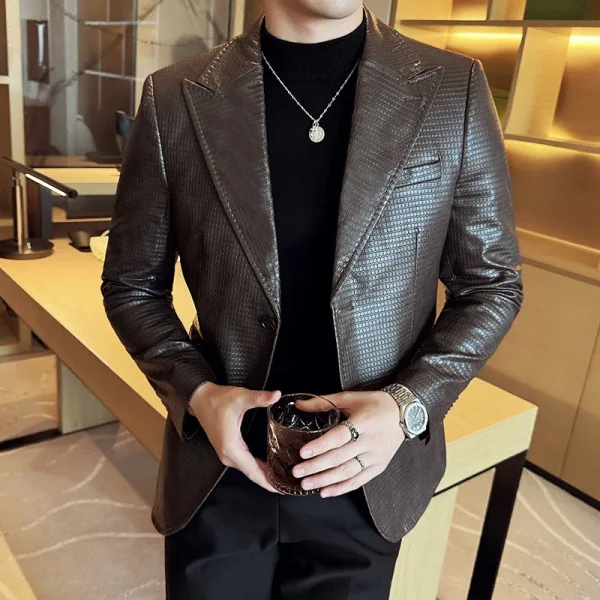 Fashion Business Slim Fit Casual Men's Suit Coats Tuxedos Men's Clothes Waffle Premium Korean Slim Fit Leather Jacket - Image 3