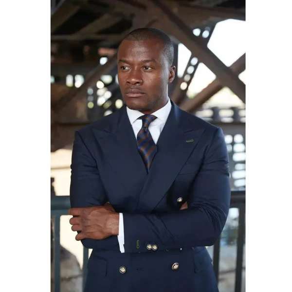 2024 High-End Navy Blue Peak Lapel Flat Front Two-Piece Jacket Sets, Blazer Office Outwear Costumes, and Formal Men's Suits - Image 3