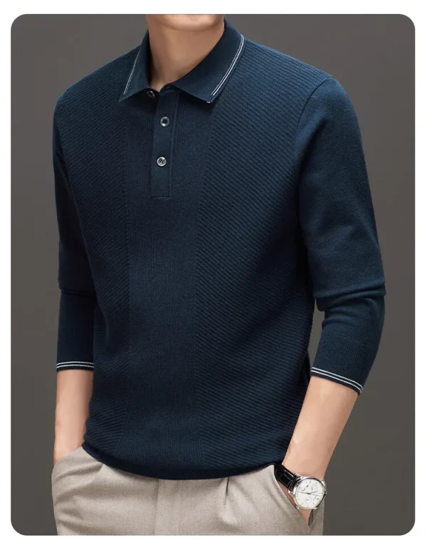 Warm knit long-sleeved cardigan, daily commute pullover sweater, and solid-colored business casual men's polo shirt. - Image 11