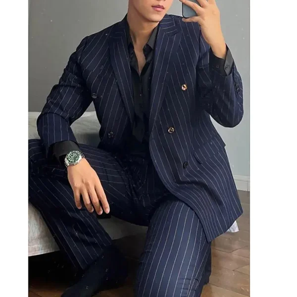 Luxurious Double-breasted, Peak-lapel, Regular-Length Blazer, Navy Blue Striped Men's Suits Stylish Wedding Men's Complete Sets - Image 3