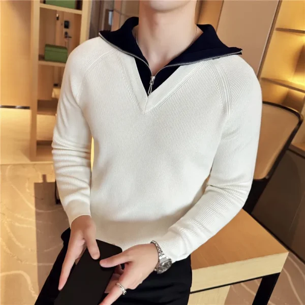 Men's Turtleneck Warm Sweater with Splice Color, Youth Slim-fit Knit Shirt for Fall and Winter, Half Zip-up Sweater. - Image 11