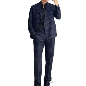 Luxurious Double-breasted, Peak-lapel, Regular-Length Blazer, Navy Blue Striped Men's Suits Stylish Wedding Men's Complete Sets