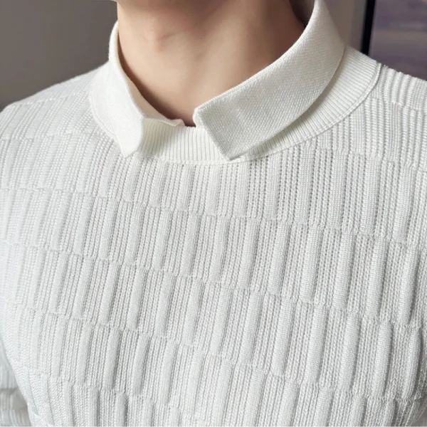 Superior Men's Lapel Solid Color Warm Sweater for Fall and Winter with a Sewn-in Shirt Collar, Made of 70% Cotton - Image 3