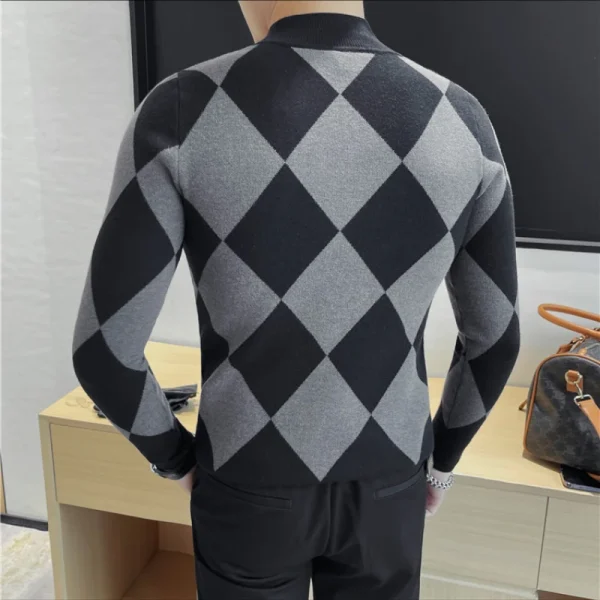 Plaid Mock-neck Slim-fit New Products for Men's Fashion Base Shirts for Autumn and Winter Warm, Stretchable Pullover - Image 3