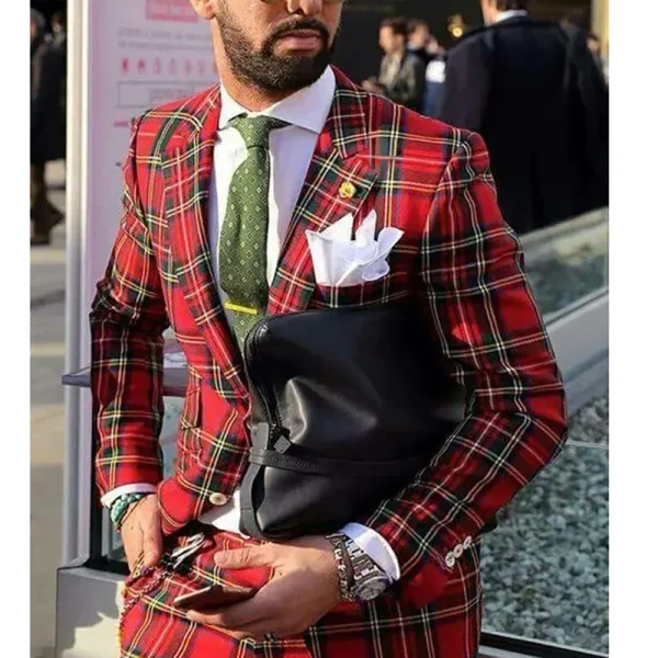 Traditional Men's Slim-Fitting, Single-Brsted, Notch-Lapel Complete Set with Plaid Pattern Casual Two-Piece Jacket and Pant Sets for Men - Image 2