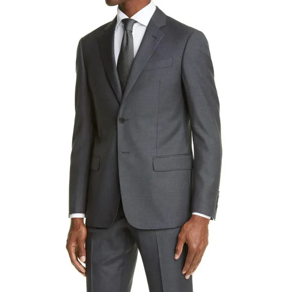 Men's luxury slim-fitting suits in dark grey, with a single breast, notch lapel, flat front, two-piece jacket, pants, and a blazer - Image 2
