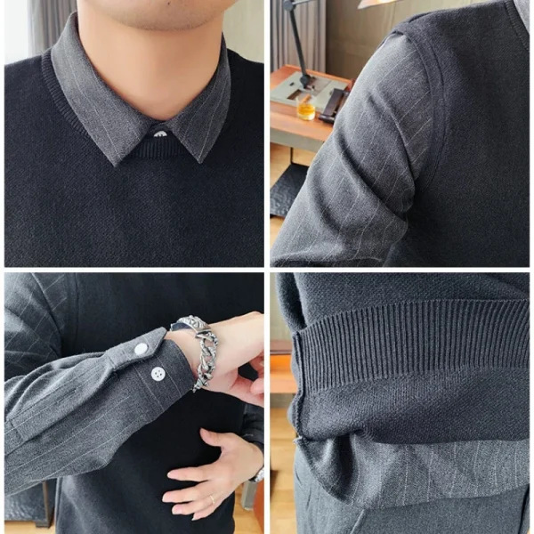 Men’s Fall and Winter Shirt Collar Fake Two-Piece Sweaters, Youth Fashion Knitwear, Business Casual, Shirt Sleeve - Image 5
