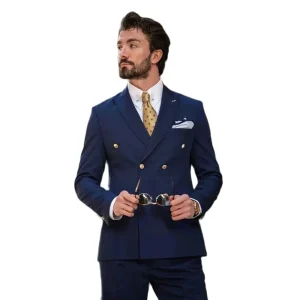 Double-breasted, navy-blue, peak-lapel, regular-length, British-style two-piece jacket and pants outfits for men