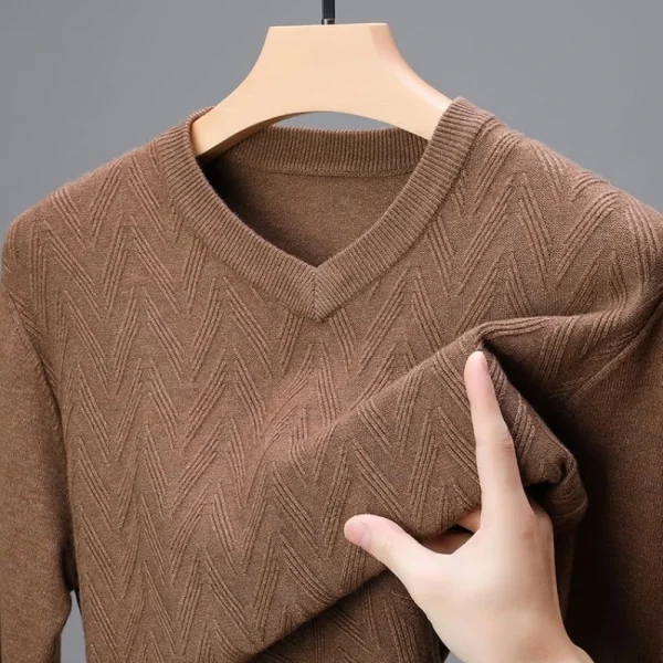 Superior quality V-neck pullover knitted sweater, daily slim-fit base shirt, thickened and warm men's sweater.Shirt with Dark Stripes - Image 2