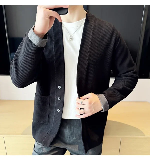 Men's Casual Loose Fit Cardigan with Long Sleeves, Color-Blocking Cuff, Stretchable, and Warm Knit for Fall and Winter 2024. - Image 7