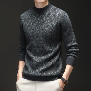 Stretchable knit sweater with a geometric pattern, perfect for work casual wear.