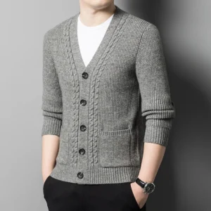 Men's solid-colored, V-necked, single-breasted, slim, stretchable, long-sleeved sweater with vertical stripes for fall daily warmth.