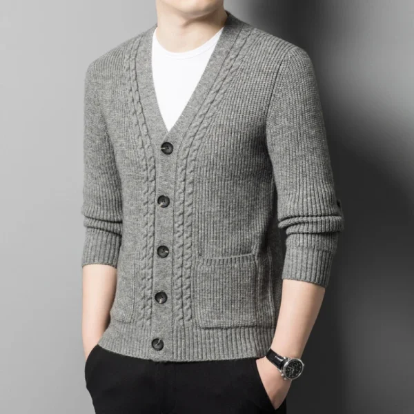 Men's solid-colored, V-necked, single-breasted, slim, stretchable, long-sleeved sweater with vertical stripes for fall daily warmth.